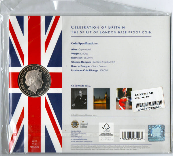 Royal Mint. Proof five pounds. 2010. Spirit of London  presentation issue.