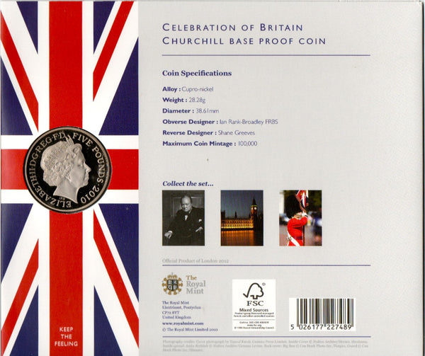 Royal Mint. Proof five pounds. 2010. Churchill presentation issue.