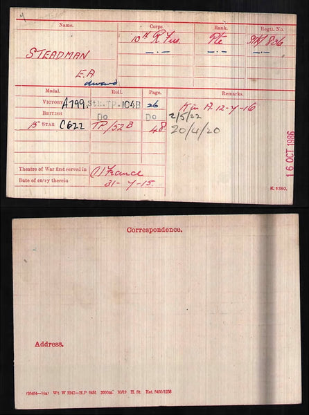 *** ReservedWW1. Pair. Steadman. R. Fusiliers. KIA Somme (Stockbrokers Battalion)