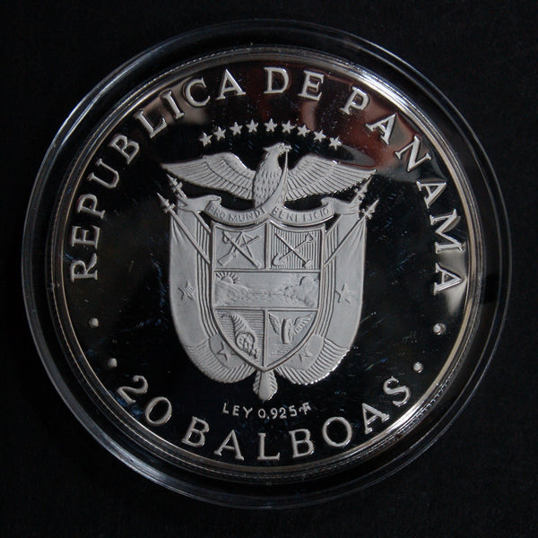 Panama. 20 Balboas. Large proof sterling silver coin. 129.59g. A selection.