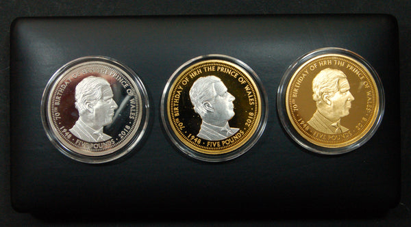 Alderney. Set of 3 five pound  proof commemorative coins. Prince Charles. 2018