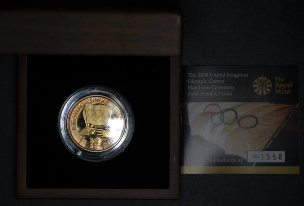 Elizabeth II. Proof gold two Pounds. 2008 Olympic handover version.