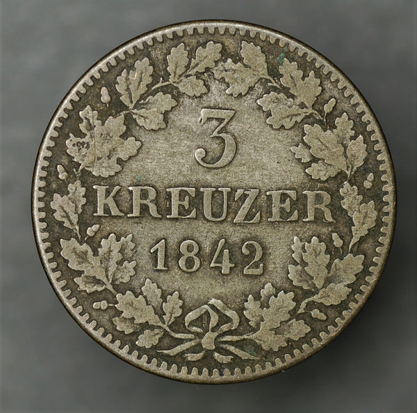 Germany. Wurttemberg. 3 Kreuzer. 1842