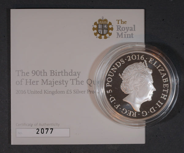 Elizabeth II. 90th birthday. Proof silver 5 pounds. 2016