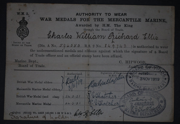 WW1. Mercantile Marine pair & certificate. Ellis.