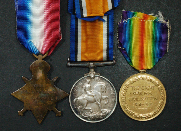 WW1. 1914-15 star trio. Bonham. Oxford & Bucks L.I. KIA